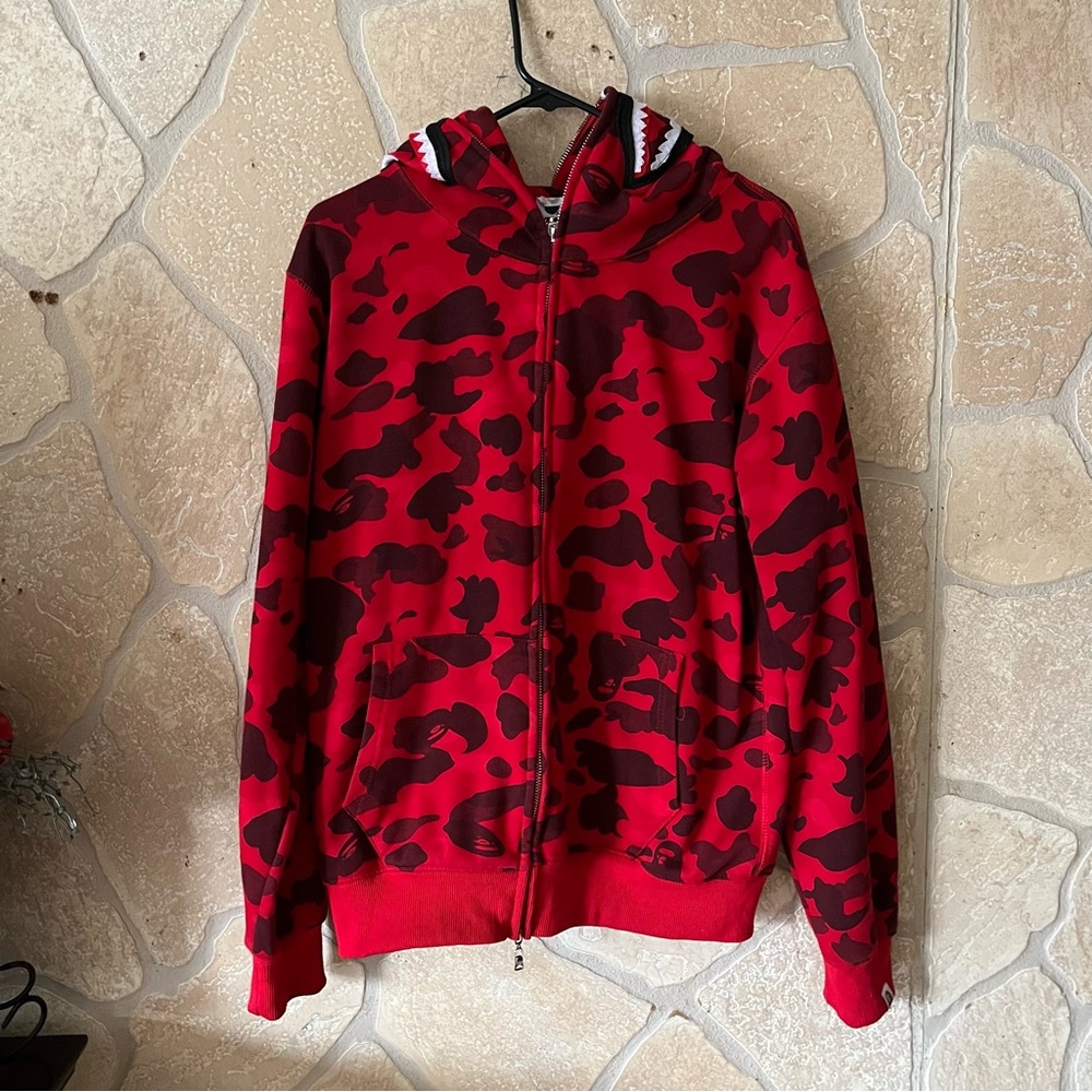 Red BAPE Shark Hoodie Size Large